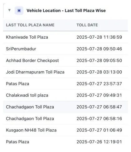 VCS Transport ERP on a phone: each truck’s last FASTag toll plaza with date and time